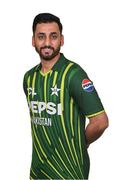 8 May 2024; Salman Ali Agha during a Pakistan men’s T20 squad portrait session at the Grand Hotel in Malahide, Dublin. Photo by Seb Daly/Sportsfile