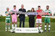8 May 2024; Sports Direct and the PFAIreland have launched an initiative to provide all SSE Airtricity League Men's and Women's players with new football boots each season with a €200 voucher. In attendance at the announcement at FAI Headquarters in Abbottstown, Dublin, is from left, Áine O'Gorman of Shamrock Rovers, UCD goalkeeper Kian Moore, PFAIreland General Secretary Stephen McGuinness, Sports Direct marketing manager Sharon Lancaster, Joe Redmond of St Patrick's Athletic and Roberto Lopes of Shamrock Rovers. Photo by Ben McShane/Sportsfile