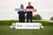8 May 2024; Sports Direct and the PFAIreland have launched an initiative to provide all SSE Airtricity League Men's and Women's players with new football boots each season with a €200 voucher. In attendance at the announcement at FAI Headquarters in Abbottstown, Dublin, is Sports Direct marketing manager Sharon Lancaster, left, and PFAIreland General Secretary Stephen McGuinness. Photo by Ben McShane/Sportsfile