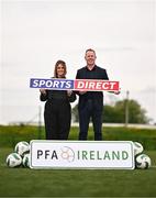 8 May 2024; Sports Direct and the PFAIreland have launched an initiative to provide all SSE Airtricity League Men's and Women's players with new football boots each season with a €200 voucher. In attendance at the announcement at FAI Headquarters in Abbottstown, Dublin, is Sports Direct marketing manager Sharon Lancaster, left, and PFAIreland General Secretary Stephen McGuinness. Photo by Ben McShane/Sportsfile