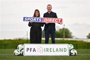 8 May 2024; Sports Direct and the PFAIreland have launched an initiative to provide all SSE Airtricity League Men's and Women's players with new football boots each season with a €200 voucher. In attendance at the announcement at FAI Headquarters in Abbottstown, Dublin, is Sports Direct marketing manager Sharon Lancaster, left, and PFAIreland General Secretary Stephen McGuinness. Photo by Ben McShane/Sportsfile