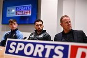 8 May 2024; Sports Direct and the PFAIreland have launched an initiative to provide all SSE Airtricity League Men's and Women's players with new football boots each season with a €200 voucher. In attendance at the announcement at FAI Headquarters in Abbottstown, Dublin, is, from left, UCD goalkeeper Kian Moore, left, and Roberto Lopes of Shamrock Rovers and PFAIreland general secretary Stephen McGuinness. Photo by Ben McShane/Sportsfile