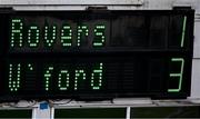 6 May 2024; The scoreboard, showing the full-time score, in the SSE Airtricity Men's Premier Division match between Shamrock Rovers and Waterford at Tallaght Stadium in Dublin. Photo by Piaras Ó Mídheach/Sportsfile