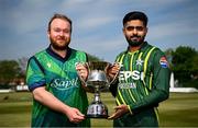 9 May 2024; Ireland captain Paul Stirling, left, and Pakistan captain Babar Azam with the trophy during a captains photocall at Castle Avenue Cricket Ground in Dublin, ahead of the Men's T20 International Series between Ireland and Pakistan. Photo by Seb Daly/Sportsfile