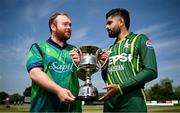 9 May 2024; Ireland captain Paul Stirling, left, and Pakistan captain Babar Azam with the trophy during a captains photocall at Castle Avenue Cricket Ground in Dublin, ahead of the Men's T20 International Series between Ireland and Pakistan. Photo by Seb Daly/Sportsfile