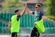 9 May 2024; Harry Tector, right, and Curtis Campher during an Ireland men’s T20 squad training session at Castle Avenue Cricket Ground in Dublin. Photo by Seb Daly/Sportsfile