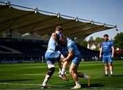 10 May 2024; Jordan Larmour and Josh van der Flier during a Leinster Rugby captain's run at the RDS Arena in Dublin. Photo by Harry Murphy/Sportsfile
