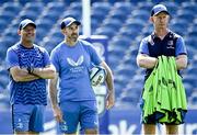 10 May 2024; Leinster coaches, from left, senior coach Jacques Nienaber, backs coach Andrew Goodman and head coach Leo Cullen during a Leinster Rugby captain's run at the RDS Arena in Dublin. Photo by Harry Murphy/Sportsfile