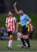 6 May 2024; Adam O'Reilly of Derry City reacts to being shown a yellow card by referee Paul McLaughlin during the SSE Airtricity Men's Premier Division match between Derry City and Shelbourne at The Ryan McBride Brandywell Stadium in Derry. Photo by Stephen McCarthy/Sportsfile