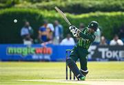 10 May 2024; Saim Ayub of Pakistan during match one of the Floki Men's T20 International Series between Ireland and Pakistan at Castle Avenue Cricket Ground in Dublin. Photo by Seb Daly/Sportsfile