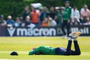 10 May 2024; Harry Tector of Ireland reacts during match one of the Floki Men's T20 International Series between Ireland and Pakistan at Castle Avenue Cricket Ground in Dublin. Photo by Seb Daly/Sportsfile