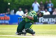 10 May 2024; Azam Khan of Pakistan during match one of the Floki Men's T20 International Series between Ireland and Pakistan at Castle Avenue Cricket Ground in Dublin. Photo by Seb Daly/Sportsfile
