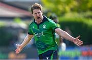 10 May 2024; Barry McCarthy of Ireland celebrates after taking the wicket of Pakistan's Shadab Khan, bowled and run-out, during match one of the Floki Men's T20 International Series between Ireland and Pakistan at Castle Avenue Cricket Ground in Dublin. Photo by Seb Daly/Sportsfile