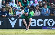 10 May 2024; Barry McCarthy of Ireland takes the wicket of Pakistan's Fakhar Zaman during match one of the Floki Men's T20 International Series between Ireland and Pakistan at Castle Avenue Cricket Ground in Dublin. Photo by Seb Daly/Sportsfile