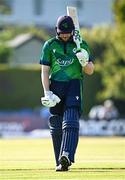 10 May 2024; Lorcan Tucker of Ireland departs after being caught by Pakistan's Fakhar Zaman during match one of the Floki Men's T20 International Series between Ireland and Pakistan at Castle Avenue Cricket Ground in Dublin. Photo by Seb Daly/Sportsfile