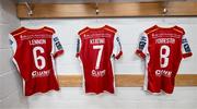 10 May 2024; The jersey of St Patrick's Athletic players, from left, Jamie Lennon, Ruairi Keating and Chris Forrester hang in the their dressing room before the SSE Airtricity Men's Premier Division match between Shamrock Rovers and St Patrick's Athletic at Tallaght Stadium in Dublin. Photo by Stephen McCarthy/Sportsfile