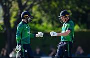 10 May 2024; Ireland batters Andrew Balbirnie, left, and Harry Tector during match one of the Floki Men's T20 International Series between Ireland and Pakistan at Castle Avenue Cricket Ground in Dublin. Photo by Seb Daly/Sportsfile