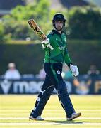 10 May 2024; Ireland batter Andrew Balbirnie after bringing up his half-century during match one of the Floki Men's T20 International Series between Ireland and Pakistan at Castle Avenue Cricket Ground in Dublin. Photo by Seb Daly/Sportsfile