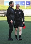 10 May 2024; Derry City manager Ruaidhrí Higgins, left, and Bohemians assistant manager Stephen O'Donnell before the SSE Airtricity Men's Premier Division match between Derry City and Bohemians at The Ryan McBride Brandywell Stadium in Derry. Photo by Ramsey Cardy/Sportsfile