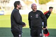 10 May 2024; Derry City manager Ruaidhrí Higgins, left, and Bohemians assistant manager Stephen O'Donnell before the SSE Airtricity Men's Premier Division match between Derry City and Bohemians at The Ryan McBride Brandywell Stadium in Derry. Photo by Ramsey Cardy/Sportsfile