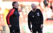 10 May 2024; Bohemians manager Alan Reynolds, left, and Bohemians assistant manager Stephen O'Donnell before the SSE Airtricity Men's Premier Division match between Derry City and Bohemians at The Ryan McBride Brandywell Stadium in Derry. Photo by Ramsey Cardy/Sportsfile