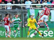 10 May 2024; Luke Turner of St Patrick's Athletic heads his side's first goal past Shamrock Rovers goalkeeper Leon Pohls during the SSE Airtricity Men's Premier Division match between Shamrock Rovers and St Patrick's Athletic at Tallaght Stadium in Dublin. Photo by Stephen McCarthy/Sportsfile
