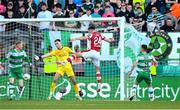10 May 2024; Luke Turner of St Patrick's Athletic heads his side's first goal past Shamrock Rovers goalkeeper Leon Pohls during the SSE Airtricity Men's Premier Division match between Shamrock Rovers and St Patrick's Athletic at Tallaght Stadium in Dublin. Photo by Stephen McCarthy/Sportsfile