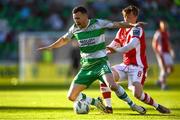 10 May 2024; Aaron Greene of Shamrock Rovers is tackled by Chris Forrester of St Patrick's Athletic during the SSE Airtricity Men's Premier Division match between Shamrock Rovers and St Patrick's Athletic at Tallaght Stadium in Dublin. Photo by Shauna Clinton/Sportsfile