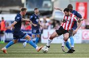 10 May 2024; Patrick Hoban of Derry City is tackled by Martin Miller, left, and Aboubacar Keita of Bohemians during the SSE Airtricity Men's Premier Division match between Derry City and Bohemians at The Ryan McBride Brandywell Stadium in Derry. Photo by Ramsey Cardy/Sportsfile