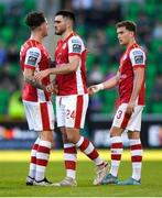 10 May 2024; Luke Turner of St Patrick's Athletic celebrates with team-mates Ruairi Keating, left, and Anto Breslin after scoring his side's first goal during the SSE Airtricity Men's Premier Division match between Shamrock Rovers and St Patrick's Athletic at Tallaght Stadium in Dublin. Photo by Shauna Clinton/Sportsfile