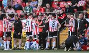 10 May 2024; Derry City manager Ruaidhrí Higgins speaks to his players during the SSE Airtricity Men's Premier Division match between Derry City and Bohemians at The Ryan McBride Brandywell Stadium in Derry. Photo by Ramsey Cardy/Sportsfile