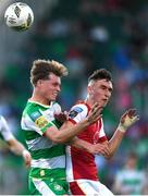10 May 2024; Jamie Lennon of St Patrick's Athletic in action against Daniel Cleary of Shamrock Rovers during the SSE Airtricity Men's Premier Division match between Shamrock Rovers and St Patrick's Athletic at Tallaght Stadium in Dublin. Photo by Shauna Clinton/Sportsfile