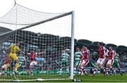 10 May 2024; Luke Turner of St Patrick's Athletic scores his side's first goal past Shamrock Rovers goalkeeper Leon Pohls during the SSE Airtricity Men's Premier Division match between Shamrock Rovers and St Patrick's Athletic at Tallaght Stadium in Dublin. Photo by Stephen McCarthy/Sportsfile