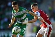 10 May 2024; Markus Poom of Shamrock Rovers in action against Mason Melia of St Patrick's Athletic during the SSE Airtricity Men's Premier Division match between Shamrock Rovers and St Patrick's Athletic at Tallaght Stadium in Dublin. Photo by Shauna Clinton/Sportsfile