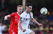 10 May 2024; Evan Weir of Drogheda United in action against Shane Farrell of Shelbourne during the SSE Airtricity Men's Premier Division match between Shelbourne and Drogheda United at Tolka Park in Dublin. Photo by Piaras Ó Mídheach/Sportsfile