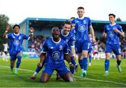 10 May 2024; Christie Pattisson of Waterford celebrates after scoring his side's third goal during the SSE Airtricity Men's Premier Division match between Waterford and Dundalk at the Regional Sports Centre in Waterford. Photo by Michael P Ryan/Sportsfile