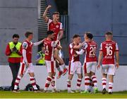 10 May 2024; Mason Melia is lifted in celebration by his St Patrick's Athletic team-mate Luke Turner after scoring their side's second goal during the SSE Airtricity Men's Premier Division match between Shamrock Rovers and St Patrick's Athletic at Tallaght Stadium in Dublin. Photo by Stephen McCarthy/Sportsfile