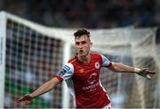 10 May 2024; Mason Melia of St Patrick's Athletic celebrates after scoring his side's second goal during the SSE Airtricity Men's Premier Division match between Shamrock Rovers and St Patrick's Athletic at Tallaght Stadium in Dublin. Photo by Shauna Clinton/Sportsfile