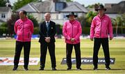 10 May 2024; Match officials, from left, reserve umpire Aidan Seaver, match referee Graham McCrea, umpire Mark Hawthorne and umpire Jonathan Kennedy before match one of the Floki Men's T20 International Series between Ireland and Pakistan at Castle Avenue Cricket Ground in Dublin. Photo by Seb Daly/Sportsfile