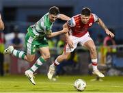 10 May 2024; Joe Redmond of St Patrick's Athletic in action against Neil Farrugia of Shamrock Rovers during the SSE Airtricity Men's Premier Division match between Shamrock Rovers and St Patrick's Athletic at Tallaght Stadium in Dublin. Photo by Stephen McCarthy/Sportsfile