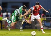 10 May 2024; Joe Redmond of St Patrick's Athletic in action against Neil Farrugia of Shamrock Rovers during the SSE Airtricity Men's Premier Division match between Shamrock Rovers and St Patrick's Athletic at Tallaght Stadium in Dublin. Photo by Stephen McCarthy/Sportsfile