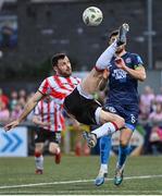 10 May 2024; Patrick Hoban of Derry City shoots at goal during the SSE Airtricity Men's Premier Division match between Derry City and Bohemians at The Ryan McBride Brandywell Stadium in Derry. Photo by Ramsey Cardy/Sportsfile