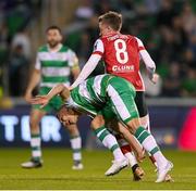 10 May 2024; Graham Burke of Shamrock Rovers in action against Chris Forrester of St Patrick's Athletic during the SSE Airtricity Men's Premier Division match between Shamrock Rovers and St Patrick's Athletic at Tallaght Stadium in Dublin. Photo by Stephen McCarthy/Sportsfile