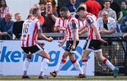 10 May 2024; Michael Duffy of Derry City celebrates with teammate Shane McEleney, left, after scoring their side's first goal during the SSE Airtricity Men's Premier Division match between Derry City and Bohemians at The Ryan McBride Brandywell Stadium in Derry. Photo by Ramsey Cardy/Sportsfile
