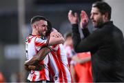 10 May 2024; Derry City goalscorer Michael Duffy, left, is congratulated by Sadou Diallo after the SSE Airtricity Men's Premier Division match between Derry City and Bohemians at The Ryan McBride Brandywell Stadium in Derry. Photo by Ramsey Cardy/Sportsfile