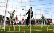 10 May 2024; Daniel Cleary of Shamrock Rovers heads his side's second goal past St Patrick's Athletic goalkeeper Danny Rogers during the SSE Airtricity Men's Premier Division match between Shamrock Rovers and St Patrick's Athletic at Tallaght Stadium in Dublin. Photo by Stephen McCarthy/Sportsfile