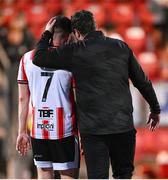 10 May 2024; Derry City goalscorer Michael Duffy, left, is congratulated by manager Ruaidhrí Higgins after the SSE Airtricity Men's Premier Division match between Derry City and Bohemians at The Ryan McBride Brandywell Stadium in Derry. Photo by Ramsey Cardy/Sportsfile