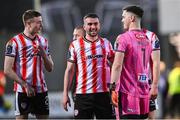 10 May 2024; Derry City goalscorer Michael Duffy, centre, is congratulated by Daniel Kelly, left, and Brian Maher after the SSE Airtricity Men's Premier Division match between Derry City and Bohemians at The Ryan McBride Brandywell Stadium in Derry. Photo by Ramsey Cardy/Sportsfile