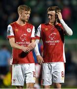 10 May 2024; St Patrick's Athletic players Alex Nolan, left, and Chris Forrester after their side's draw in the SSE Airtricity Men's Premier Division match between Shamrock Rovers and St Patrick's Athletic at Tallaght Stadium in Dublin. Photo by Shauna Clinton/Sportsfile