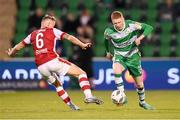 10 May 2024; Darragh Nugent of Shamrock Rovers in action against Jamie Lennon of St Patrick's Athletic during the SSE Airtricity Men's Premier Division match between Shamrock Rovers and St Patrick's Athletic at Tallaght Stadium in Dublin. Photo by Stephen McCarthy/Sportsfile
